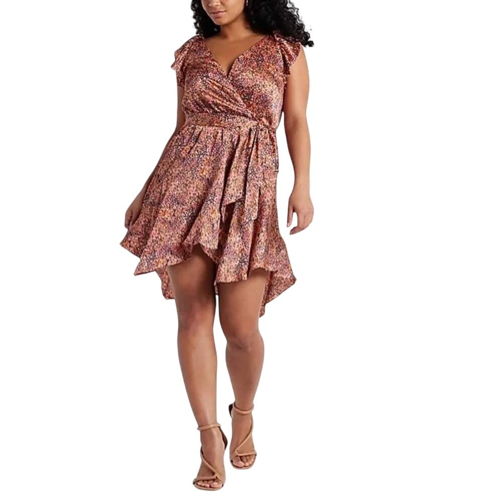 Express Womens Satin Cheetah Print V Neck Tie Waist Ruffle Mini‎ Dress Size M